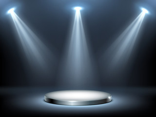 Round podium or stage in rays of spotlights, realistic vector illustration. Pedestal for winner or award ceremony, empty platform for presentation, performance or show at night club, soon coming