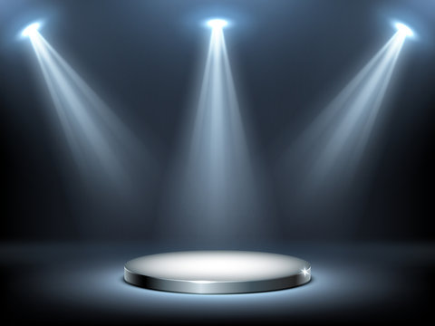 Round podium or stage in rays of spotlights, realistic vector illustration. Pedestal for winner or award ceremony, empty platform for presentation, performance or show at night club, soon coming