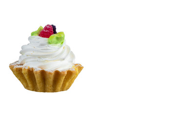 Cake basket with cream decorated with berries.Sweet dessert on a white background.
