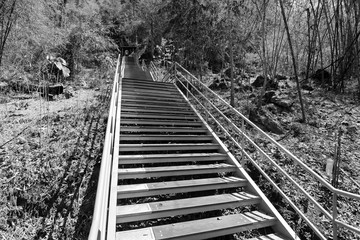 The ladder made of steel and wood for used uphill in the moutain or Stairs made of steel and wood...