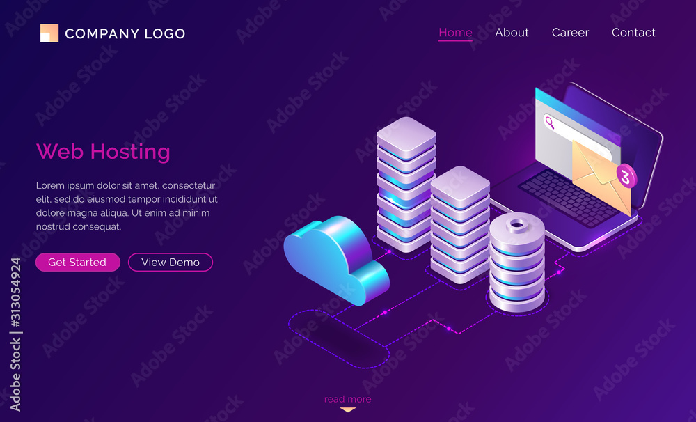 Poster web hosting, isometric concept vector web banner. 3d server icons, open laptop with unread message e