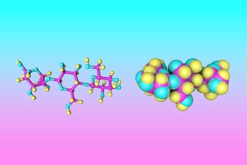 Molecular model of dextrin or maltodextrin, a polysaccharide that is used as a food additive. Scientific background. 3d illustration