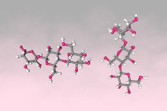 Molecular structure of dextrin or maltodextrin. Atoms are represented as spheres with conventional color coding: carbon (grey), oxygen (red), hydrogen (white). 3d illustration