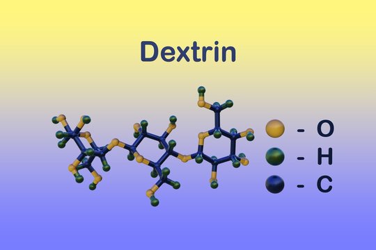 Molecular model of dextrin or maltodextrin, a polysaccharide that is used as a food additive. 3d illustration