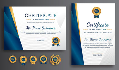 Premium gold and blue certificate of appreciation template, clean modern design with gold badge