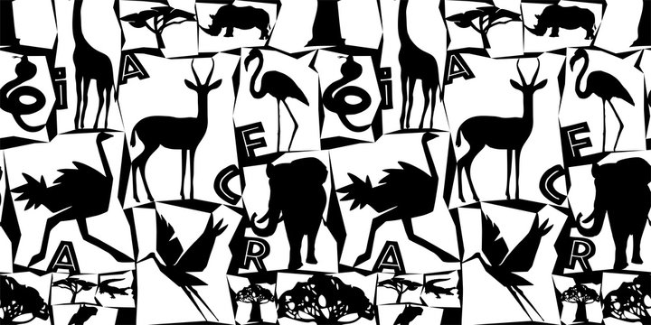 African animals and birds seamless pattern. Black and white illustration in a flat style. Vivid contrast. Ideal for fabric design, poster printing, wrapping paper.