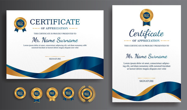 Premium gold and blue certificate of appreciation template, clean modern design with gold badge