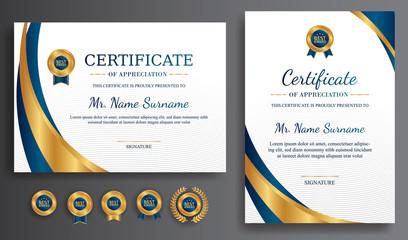 Premium gold and blue certificate of appreciation template, clean modern design with gold badge