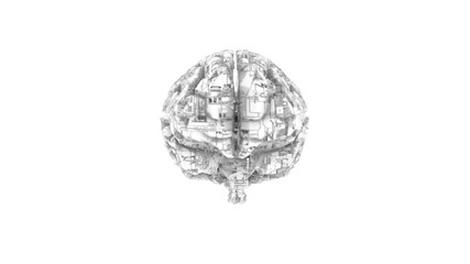 Biomechanical computer brain - monochrome  machine mind 3D render - front view