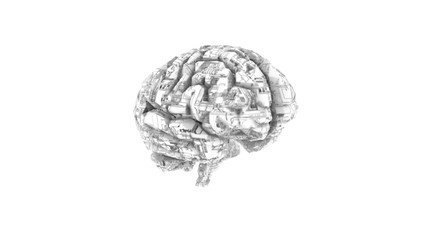 Biomechanical computer brain - monochrome  machine mind 3D render - angle view