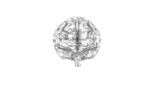 Biomechanical computer brain - monochrome  machine mind 3D render - front view