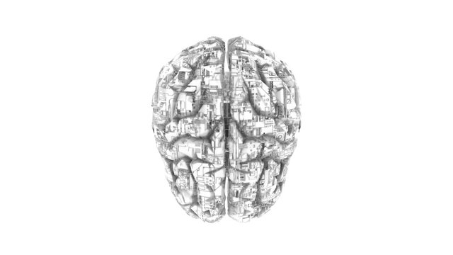 Biomechanical computer brain - monochrome machine mind 3D render - top view