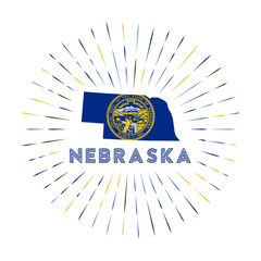 Nebraska sunburst badge. The US state sign with a map of Nebraska and the state flag. Colorful rays around the logo. Vector illustration.