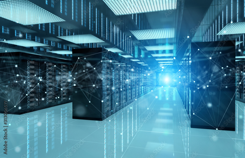 Aufkleber Connection network in servers data center room storage systems 3D rendering