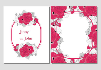 Red rose flowers on white background of wedding card invitation