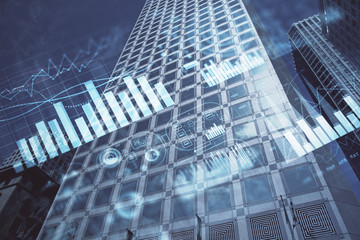 Forex chart on cityscape with tall buildings background multi exposure. Financial research concept.