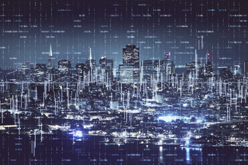 Financial graph on night city scape with tall buildings background double exposure. Analysis concept.