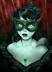 Original dark fantasy portrait of an evil beautiful vampire character girl wearing green mask, with a rat sitting on her shoulder