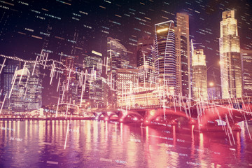 Naklejka premium Financial chart on city scape with tall buildings background multi exposure. Analysis concept.