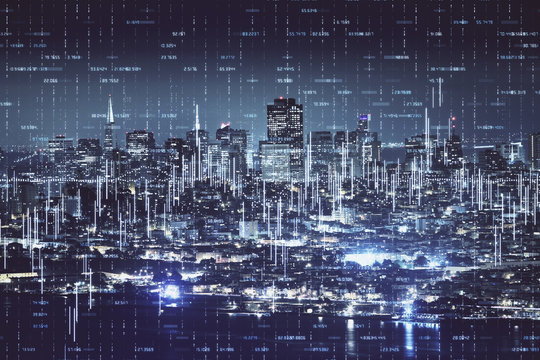 Financial graph on night city scape with tall buildings background double exposure. Analysis concept.