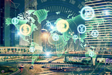 Financial chart on city scape with tall buildings background multi exposure. Analysis concept.