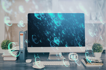 Fototapeta premium Forex graph hologram on table with computer background. Double exposure. Concept of financial markets.