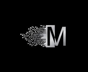 Digital Network M Letter Logo Icon, Metal M Line Connection Data Design.