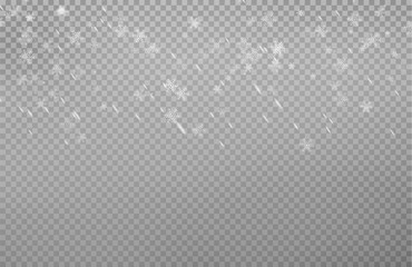 Snow falling winter snowflake. Abstract snowflake background for your winter design. Falling Christmas snow. Snowstorm and blizzard. Snowflakes isolated on transparent background.
