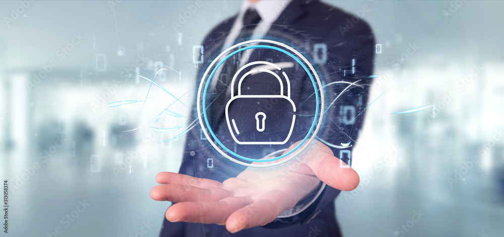 Poster businessman holding security padlock wheel icon with stats and binary code 3d rendering