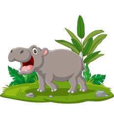 Cartoon hippo with open mouth in the grass