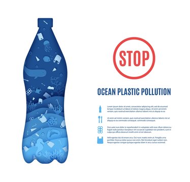 Stop Ocean Plastic Pollution Banner Design Template In Paper Cut Style. Papercut 3d Background. Bottle Cut Out Silhouette Inside Which Sea Inhabitants Plastic Garbage. Vector World Oceans Day Concept