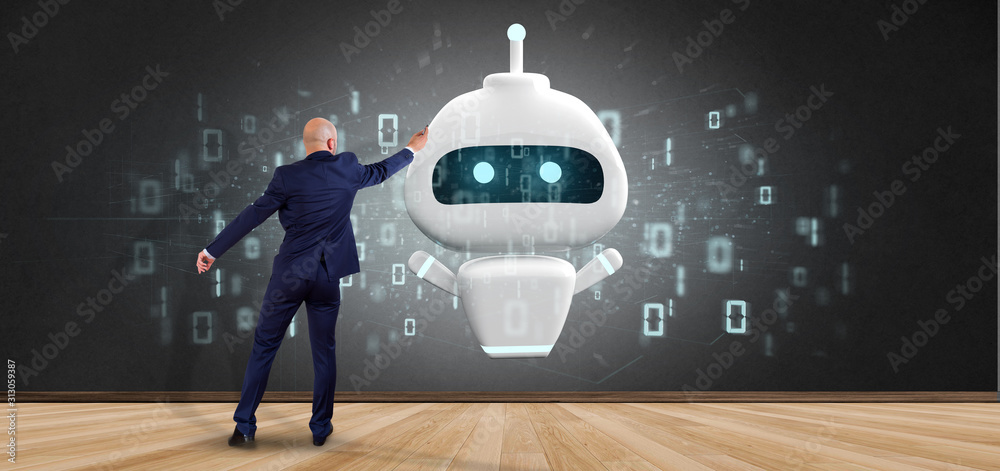 Poster businessman in front of a wall with chatbot with binary code 3d rendering