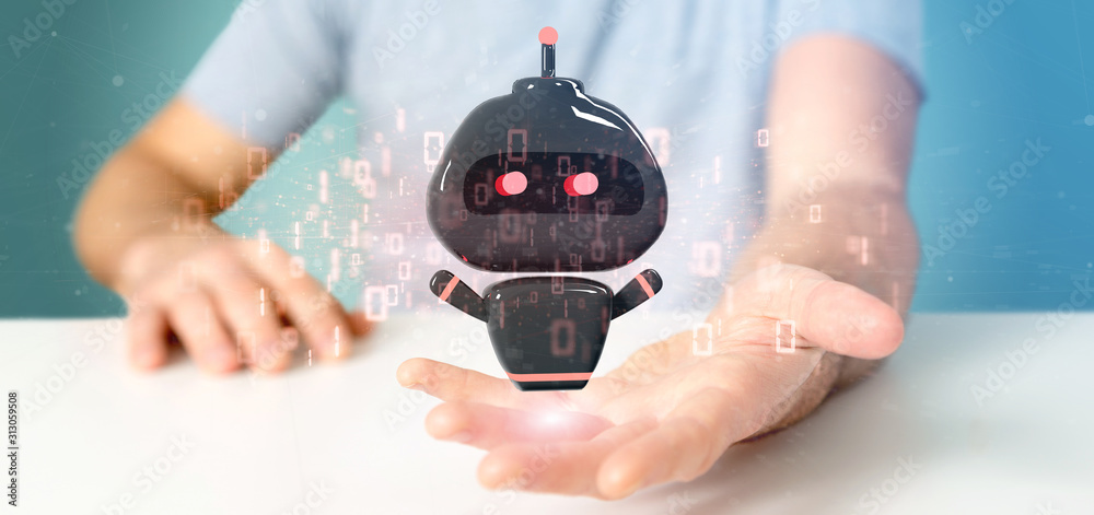 Poster businessman holding virus chatbot with binary code 3d rendering