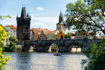 Charles bridge in Prague. Medieval bridge across Vltava in Prague.  Medieval architecture details.