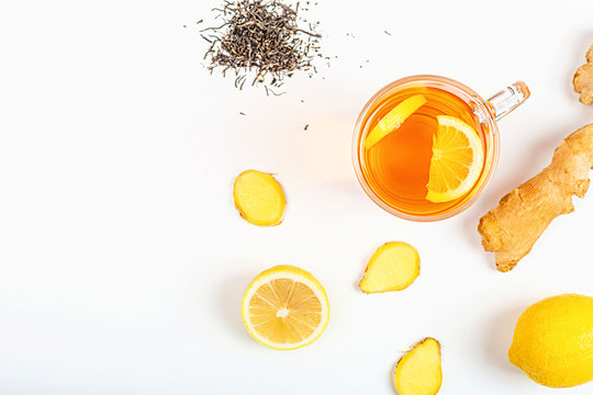 Ginger Tea With Lemon And Honey On White Background. Flat Lay, Top View, Mock Up, Template, Copy Space, Overhead