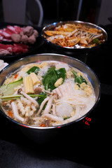 Chinese style hot pot shabu, meat and seafood with vegetables