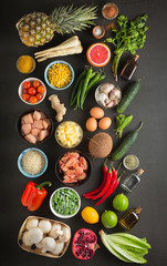 Thai Cooking Ingredients. Spices, vegetables, fruits herbs seafood and meat