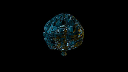 Biomechanical computer brain - glowing blue machine mind 3D render - front view - 313060194