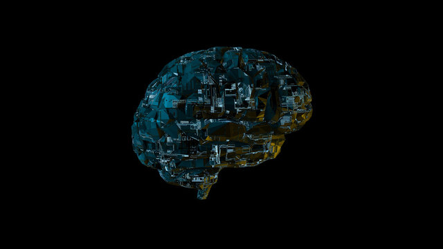 Biomechanical computer brain - glowing blue machine mind 3D render - side view