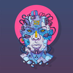 Character Face in futuristic virtual style. Cyber Punk Vector Illustration. Cartoon art for web and print. Trendy Cyber Art Poster.