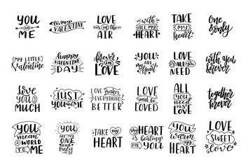 Fototapeta premium Set of hand drawn love quotes. Lettering about amour for poster, greeting card, banner. Calligraphy vector illustration