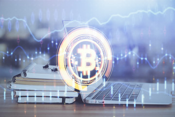 Double exposure of blockchain theme hologram and table with computer background. Concept of bitcoin...