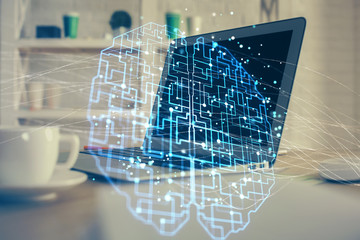 Multi exposure of work table with computer and brain hologram. Brainstorm concept.