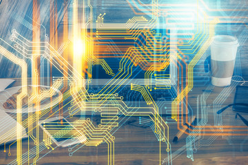 Multi exposure of table with computer and world map hologram. International data network concept.