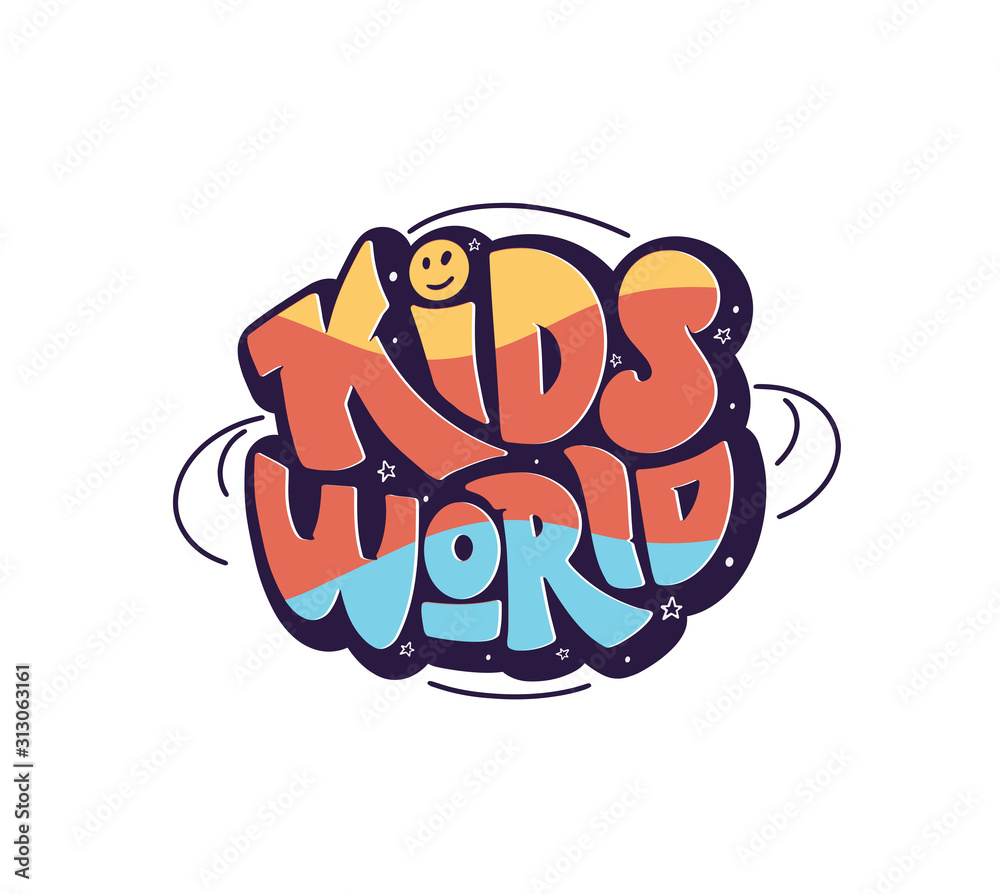 Wall mural colorful kids world logo. hand drawn lettering composition