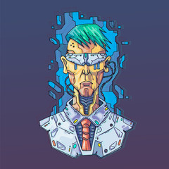 Character Face in futuristic virtual style. Cyber Punk Vector Illustration. Cartoon art for web and print. Trendy Cyber Art Poster.