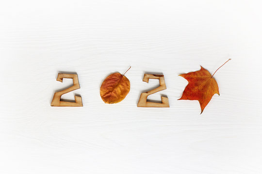 2020 number made up of wooden numbers and fallen leaves on a light background top view. autumn season two thousand twenty