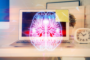 Double exposure of work table with computer and brain sketch hologram. Brainstorming concept.