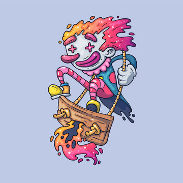 Cheerful clown swinging on a swing. Creative Vector Illustration. Cartoon art for web and print.
