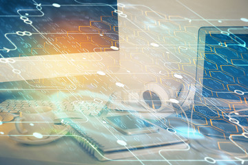 Technology theme drawing and work space with computer. Multi exposure. Concept of innovation.